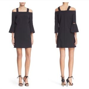 Tibi Black Off Shoulder Lantern Sleeve Mini Scuba Material Shift Dress Size 2